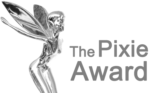 black and white picture of the pixie award statuette and the words the pixie award