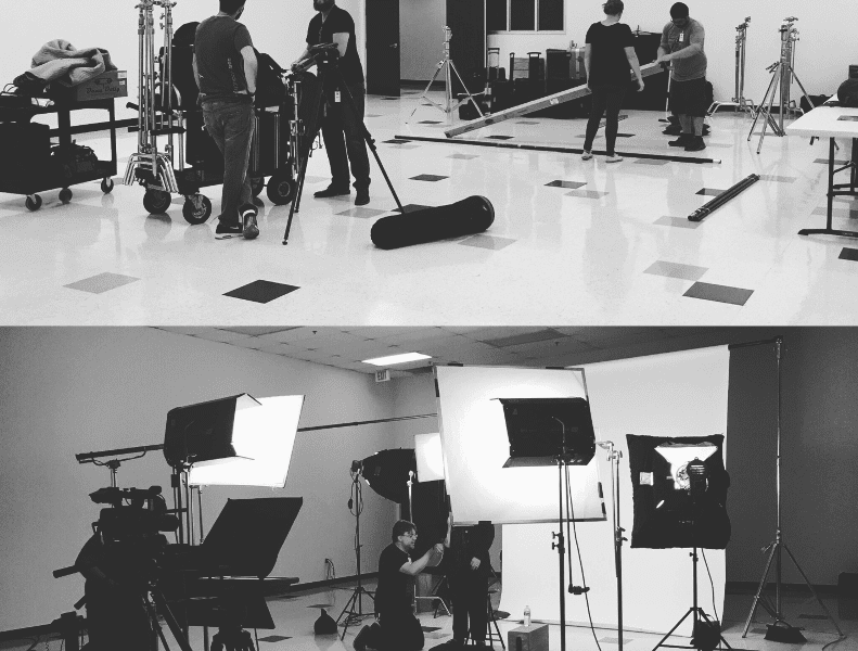 a before and after picture of 336 productions setting up a corporate interview shoot