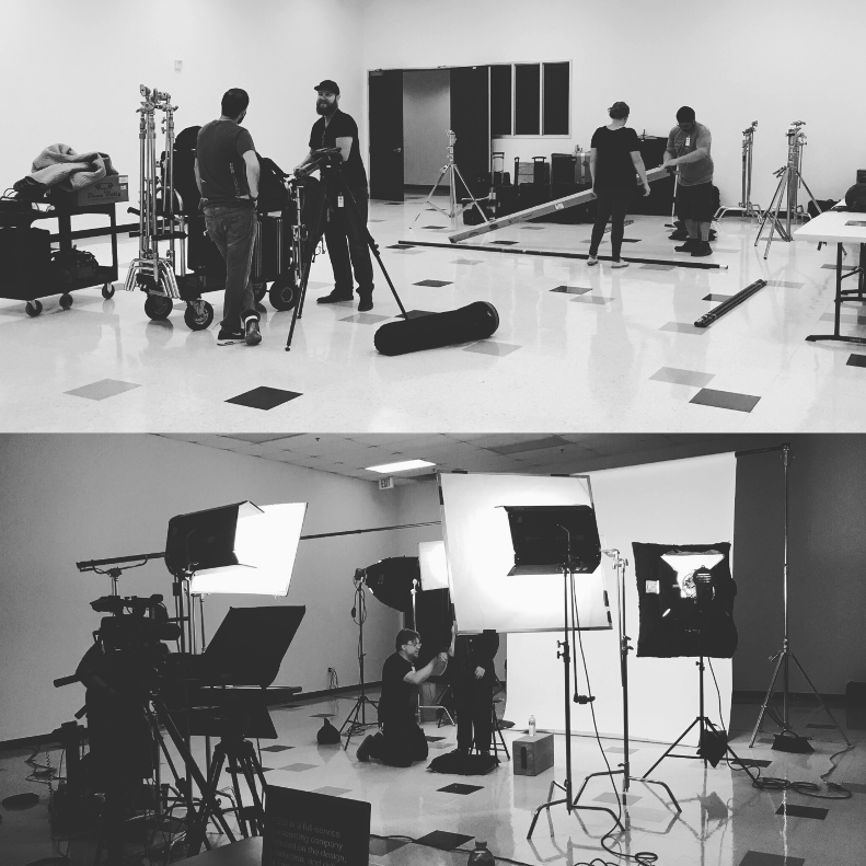 a before and after picture of 336 productions setting up a corporate interview shoot