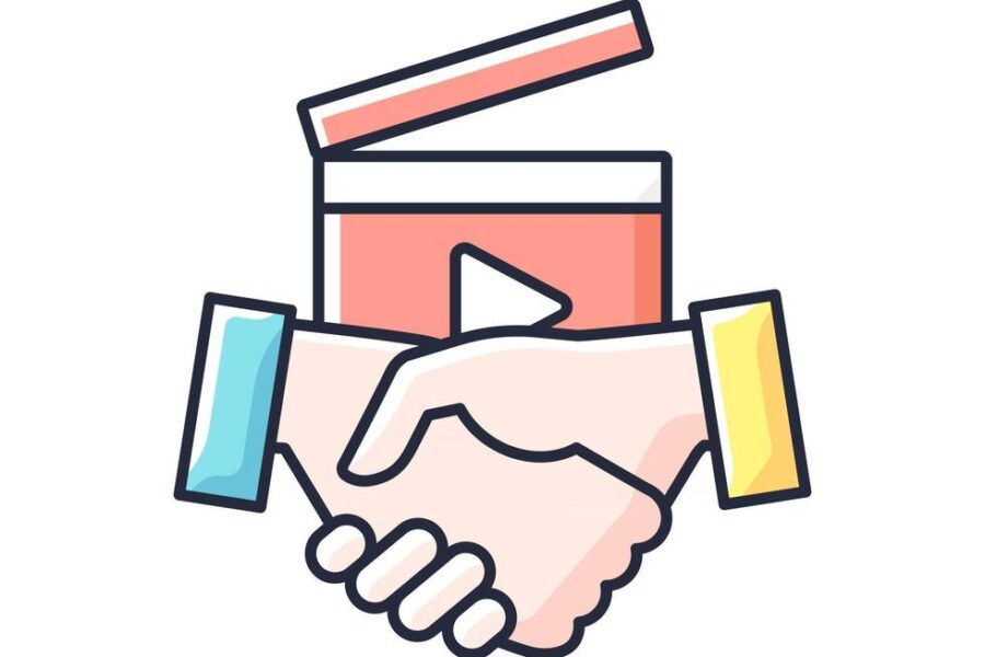 graphic of handshake with a red slate behind it with a video play button
