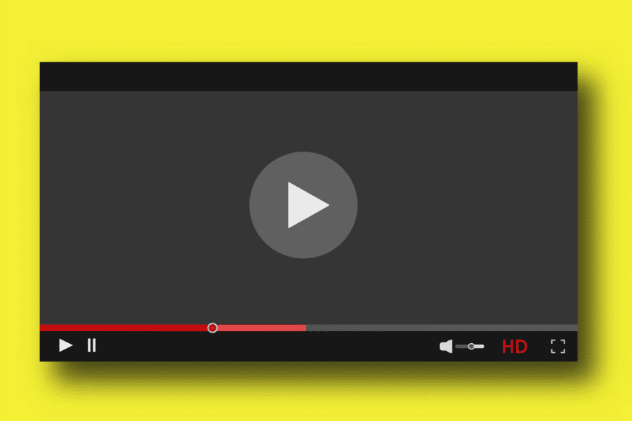 black video player with white play button against a bright yellow background
