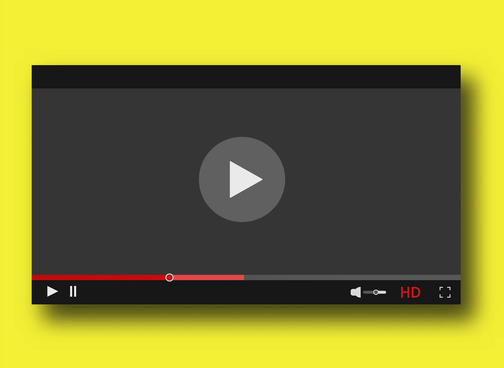 black video player with white play button against a bright yellow background