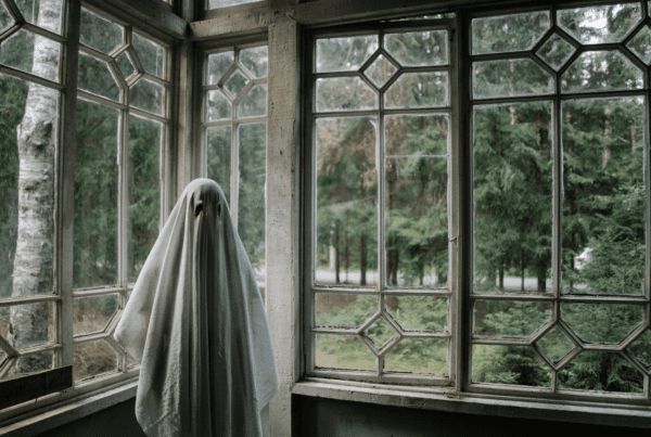 A person disguised as a ghost using a white sheet