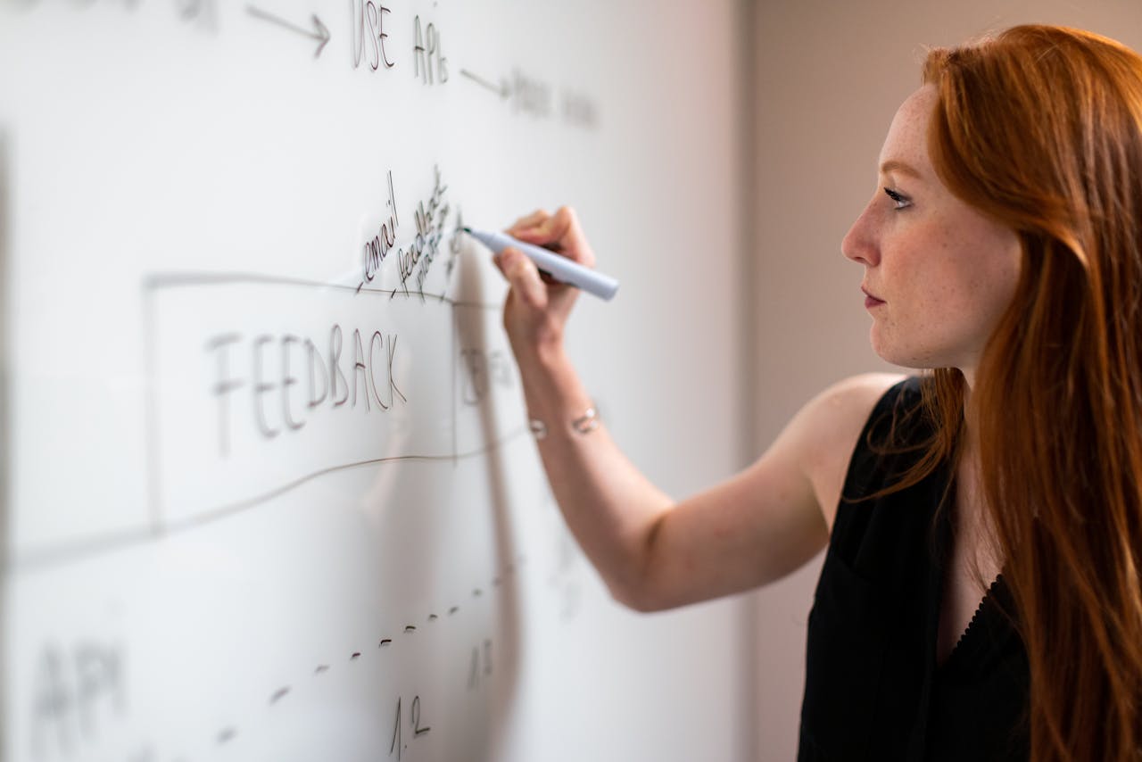 woman writing on whiteboard for case study video