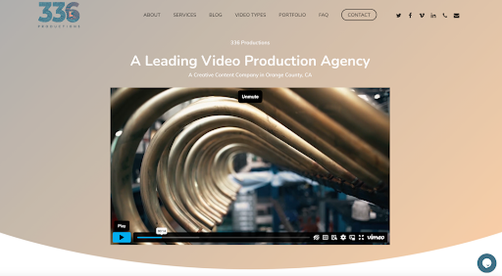 Landing page of 336 Productions website showcasing a video