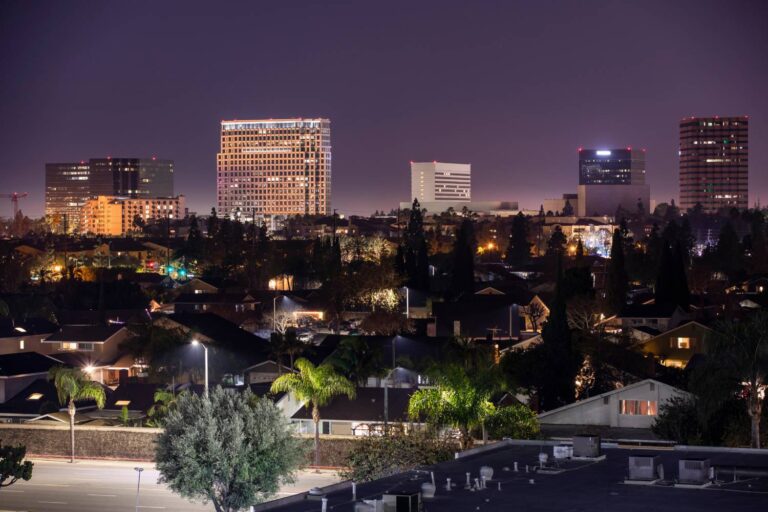 skyline of Costa Mesa, CA at night